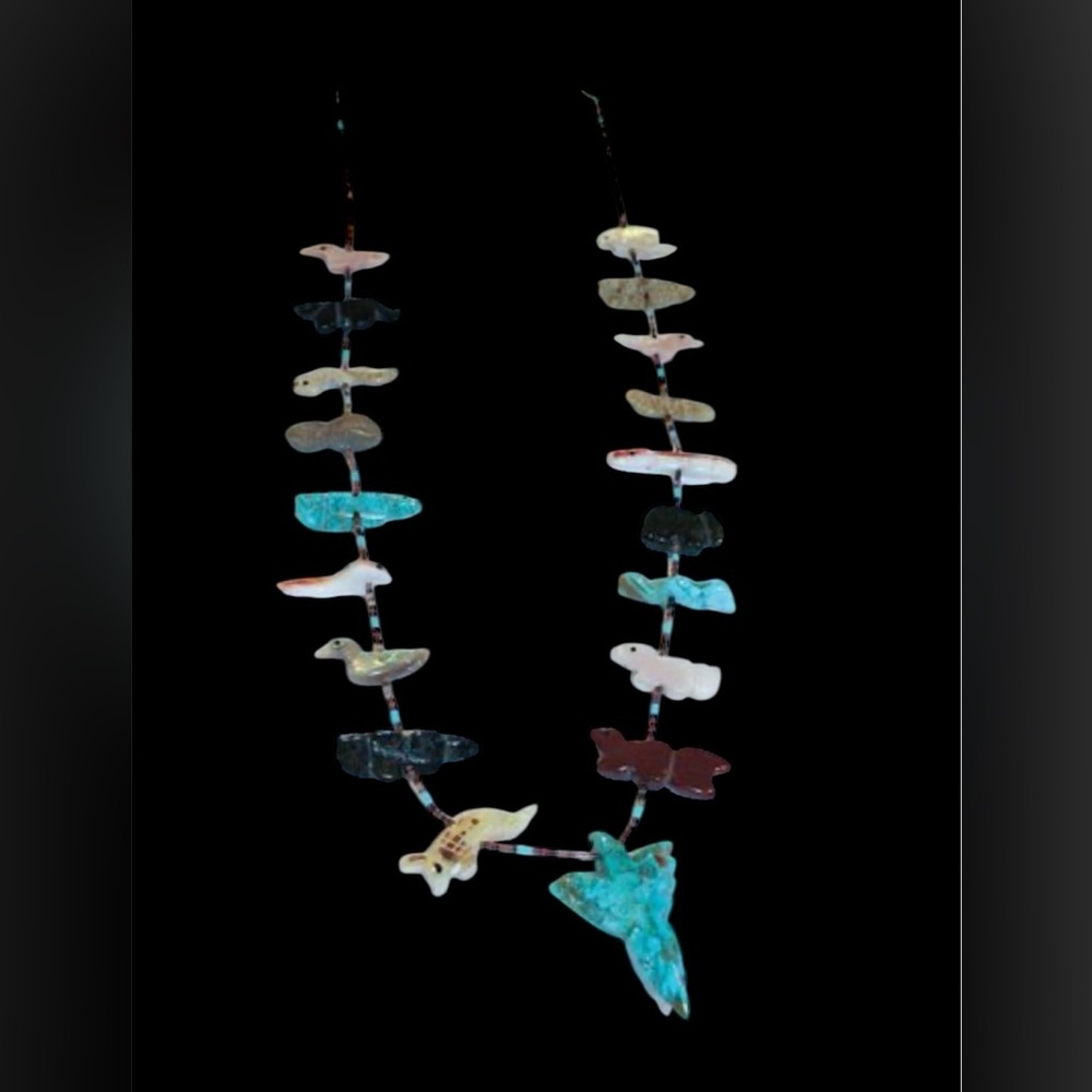 CYBER SALE Zuni Turquoise Stone Carved Fetish Animal Necklace.